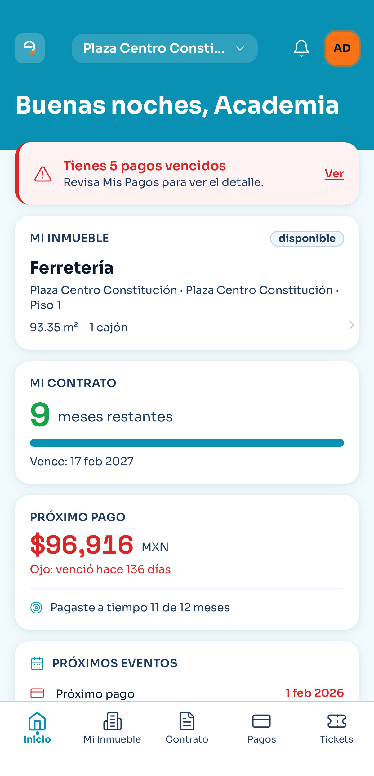 App de elisa: home del arrendatario con pagos vencidos, contrato y próximo pago