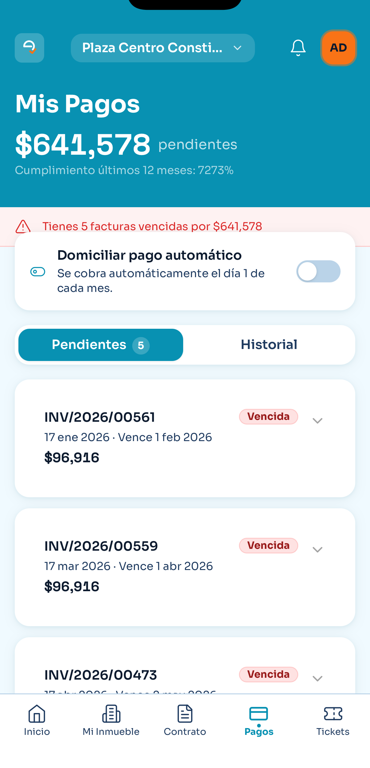 App de elisa · Mis pagos con domiciliación y facturas pendientes